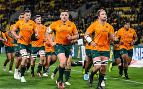 The Wallabies warm up for a test against the All Blacks in Wellington.