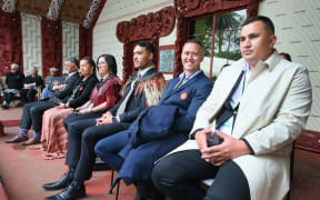FNDC's Māori ward councillors with their leaders at Waitangi Treaty Grounds - (from left) Babe Kapa, Hilda Halkyard-Harawira Deputy-Mayor Kelly Stratford, Mayor Moko Tepania, Tāmati Rākena, Penetaui Kleskovic.