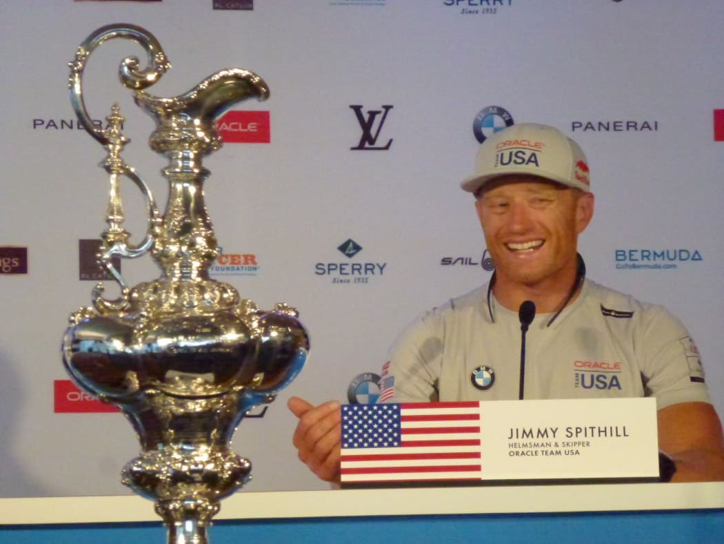 Oracle Team USA skipper Jimmy Spithill with the America's Cup in Bermuda.