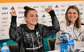 Co-captain Ali Riley of New Zealand reacts during the New Zealand Football Ferns media conference at Eden Park.