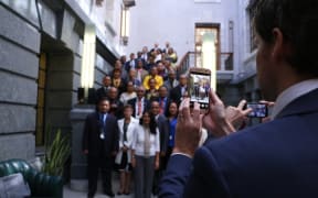 Pacific parliamentarians getting their photo taken in Wellington as part of the Pacific parliamentary forum.