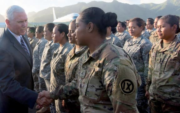 US Vice President Mike Pence greets American Samoa's US army reserves in Pago Pago, Sunday, April 23, 2017.