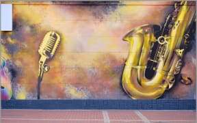 Mural of saxophone and microphone