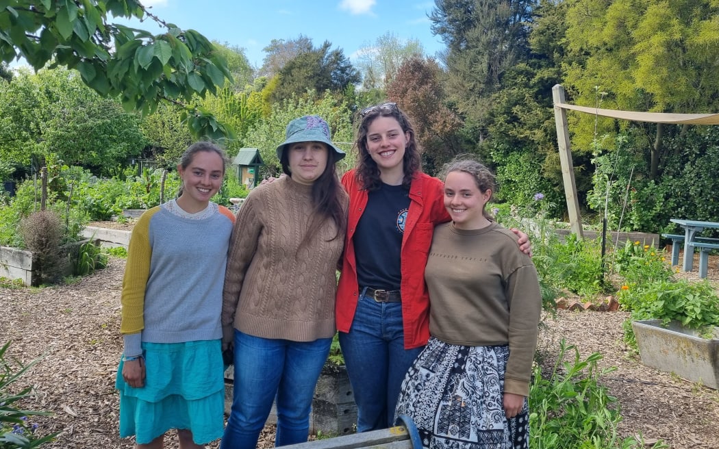 Student gardeners at Canterbury University - Volunteers at the Waiutuutu community garden at the University of Canterbury include Jess Lamb, Ariel Seux Tudor, Imo McRae and Kaitlyn Lamb.