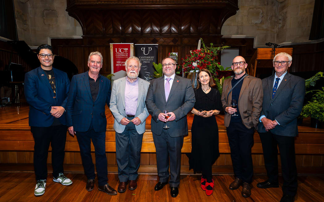 University of Canterbury 150 year book launch, (from left) Josiah Tualamali'i representing the Pacific chapter co-authors, Jeff Field, Dr John Wilson lead author, Dr Chris Jones, Catherine Montgomery publisher, Dr Mike Grimshaw and Dr Geoffrey Rice.