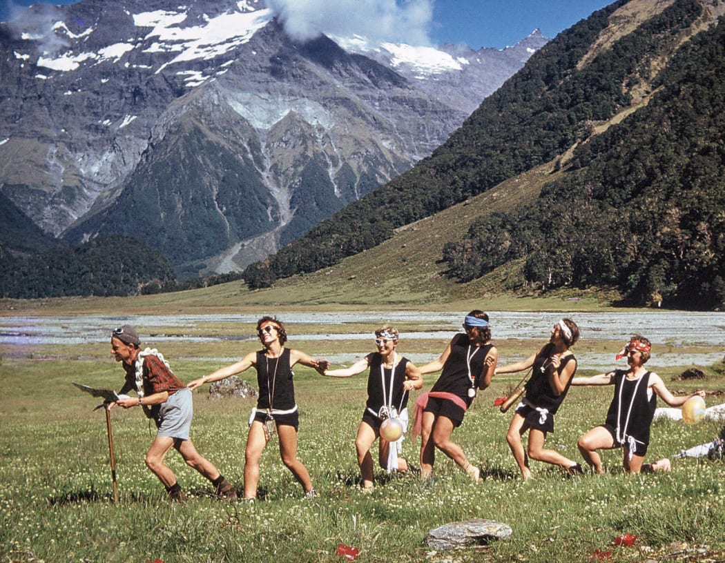 Tararua trampers dressed up as a chorus line - Wilkin Valley, 1960