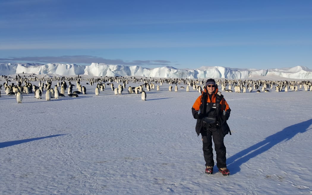 Producer Alison Ballance with the Emperor penguin colony at Cape Crozier, which was the subject of the book 'The worst journey in the world.'