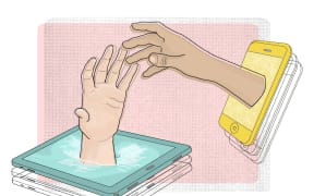 Image of hands reaching out from smartphones.