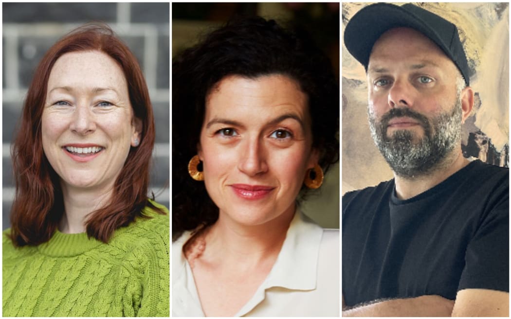 From left Kathryn van Beek is this year's Robert Burns fellow, Noelle McCarthy is Victoria University's 2023 writer in residence and Anthony Byrt is this year's writer in residence at Waikato University.