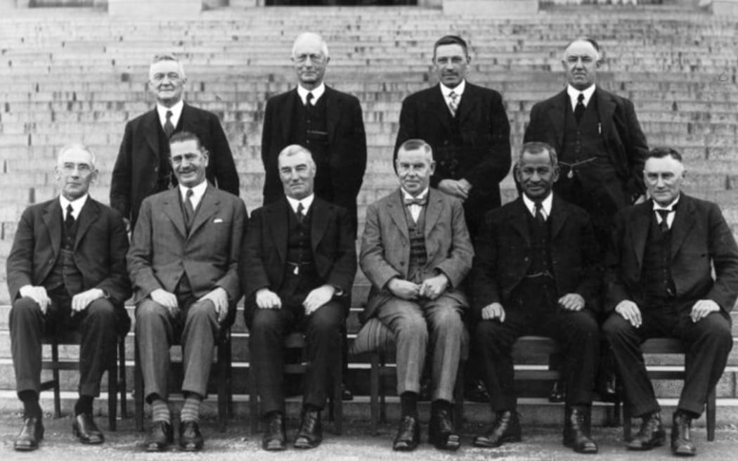 Members of the Coalition Cabinet of 1931. In the front row are (L-R): E A Ransom, J G Coates, G W Forbes, W D Stewart, A T Ngata and J A Young. In the back row are (L-R): D Jones, J G Cobbe, A Hamilton and R Masters.