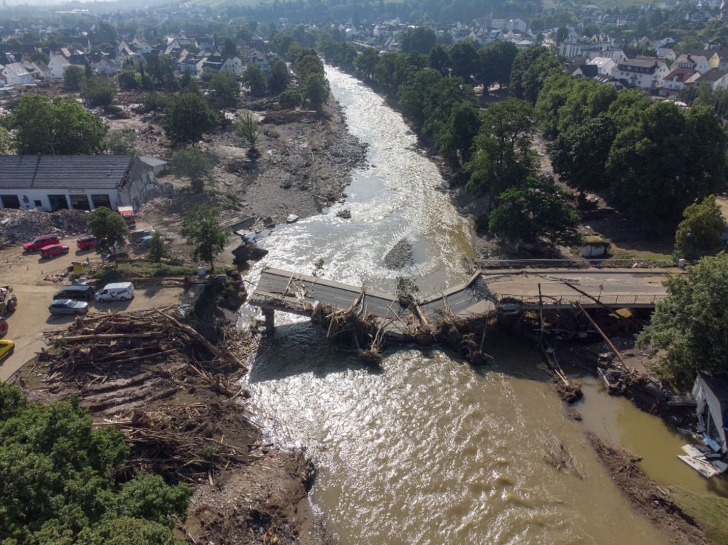 Rhineland-Palatinate, Ahrweiler: Completely destroyed is this bridge over the Ahr in Ahrweiler after the flood disaster. (Aerial view with a drone).