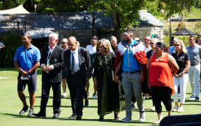 NZ Golf chair Michael Smith (second from left) with New Zealand Māori Golf Association's patron Waihoroi Shortland (third from left) and champion Owen Lloyd at the pōwhiri during the tournament opening on 26 February.