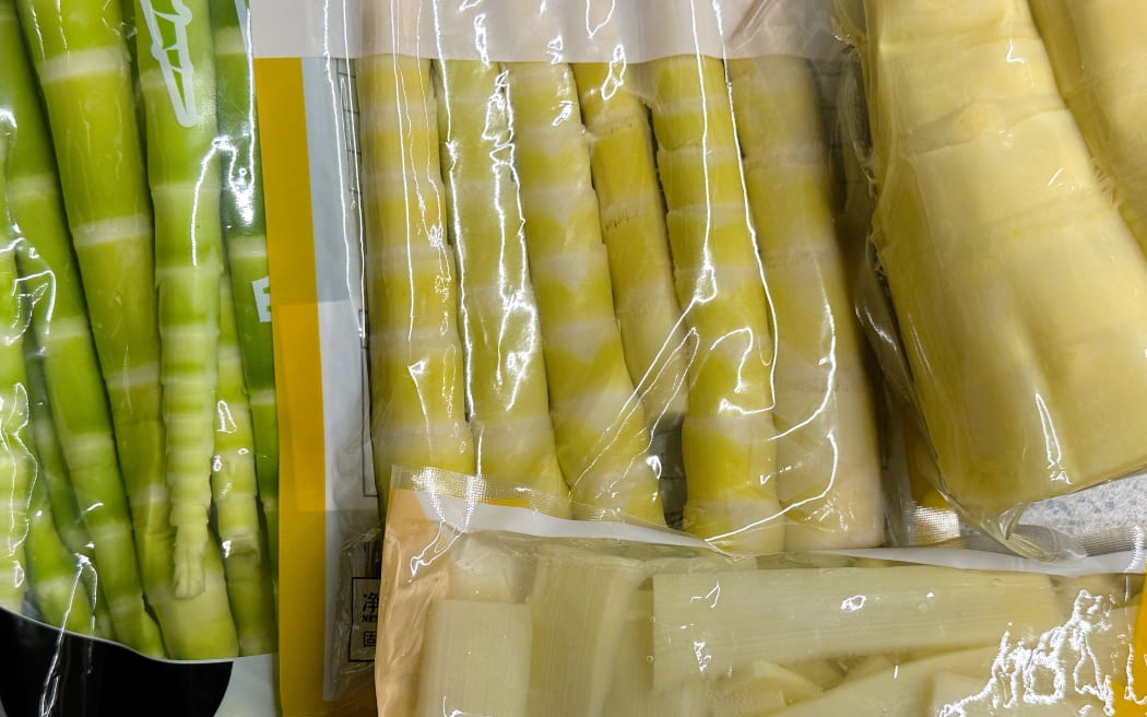 Several varieties of packaged spring bamboo shoots at a Chinese supermarket in Auckland.