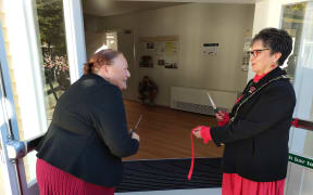 Te Rūnanga o Kaikōura chairperson Hariata Kahu (left) joined with Hurunui Mayor Marie Black to cut the ribbon at the official opening of the refurbished Soldiers’ Block on Anzac Day.