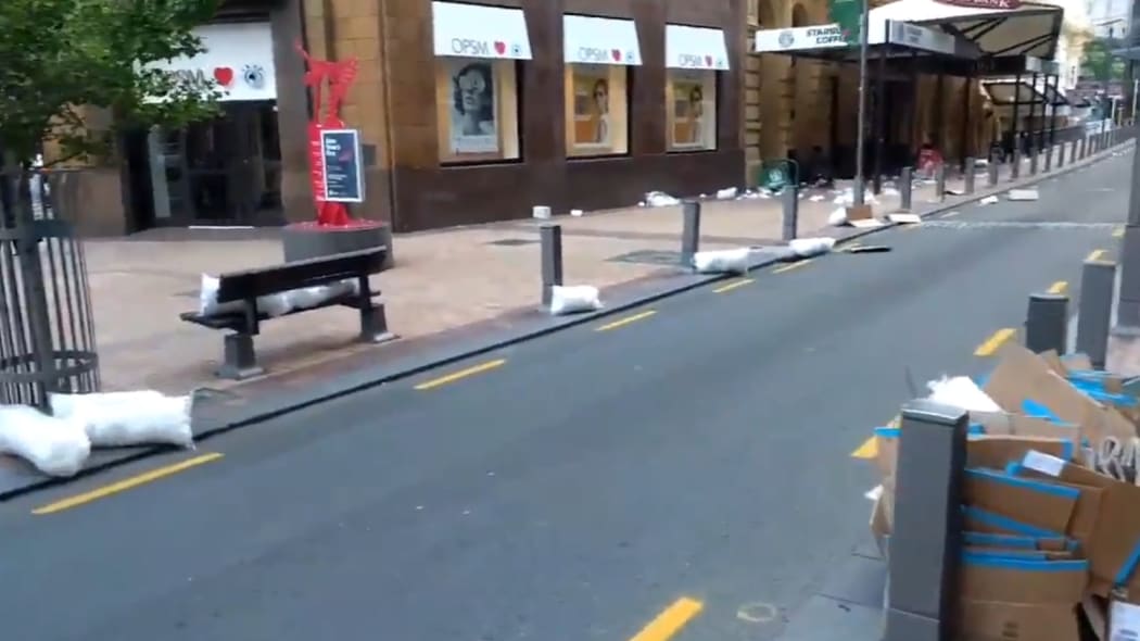 Piles of retail plastic bags strewn down Wellington's Lambton Quay.
