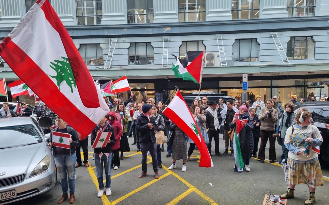 Brandon Street in central Wellington has been closed with about 100 people protesting outside the Israeli Embassy.