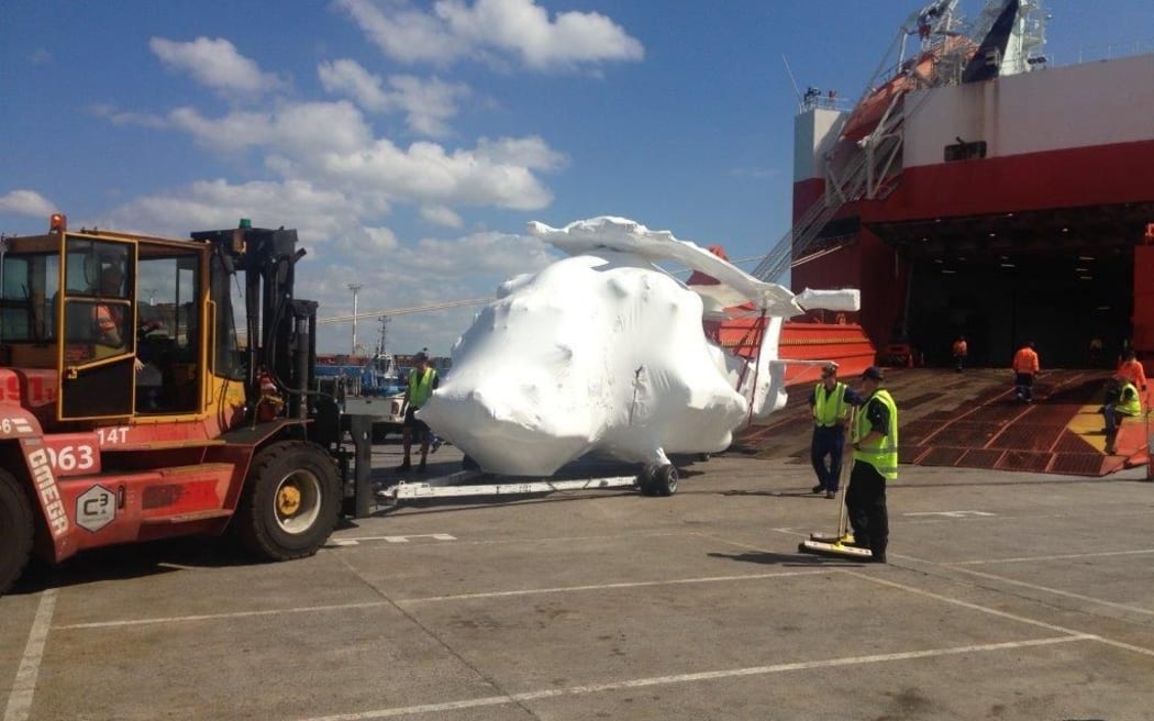 One of the new Seasprite helicopters arriving at Ports of Auckland on Thursday.