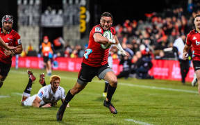 Bryn Hall of the Crusaders scores a try during the Quarter Final Super Rugby match, Crusaders V Sharks, AMI Stadium, Christchurch, New Zealand, 21st July 2018.Copyright photo: John Davidson / www.photosport.nz