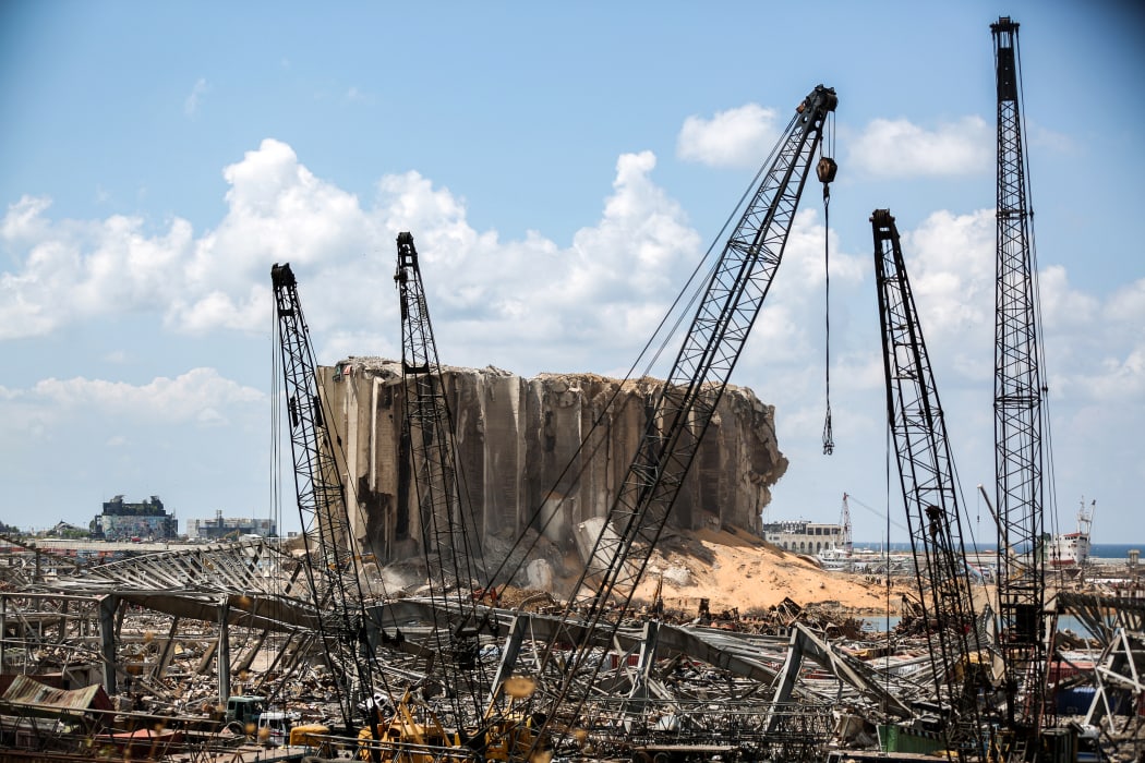Damaged grain silos opposite the blast site of a massive explosion at Beirut port.