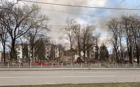An image published on the Telegram account of Donetsk governor Pavlo Kirilenko on 16 March, 2022, shows the Drama Theatre destroyed by shelling in Mariupol.