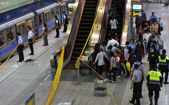 The scene of the stabbing at the Jiangzicui metro station in Taipei.