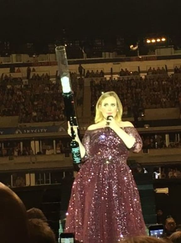 Adele with her T-shirt gun at last night's concert.