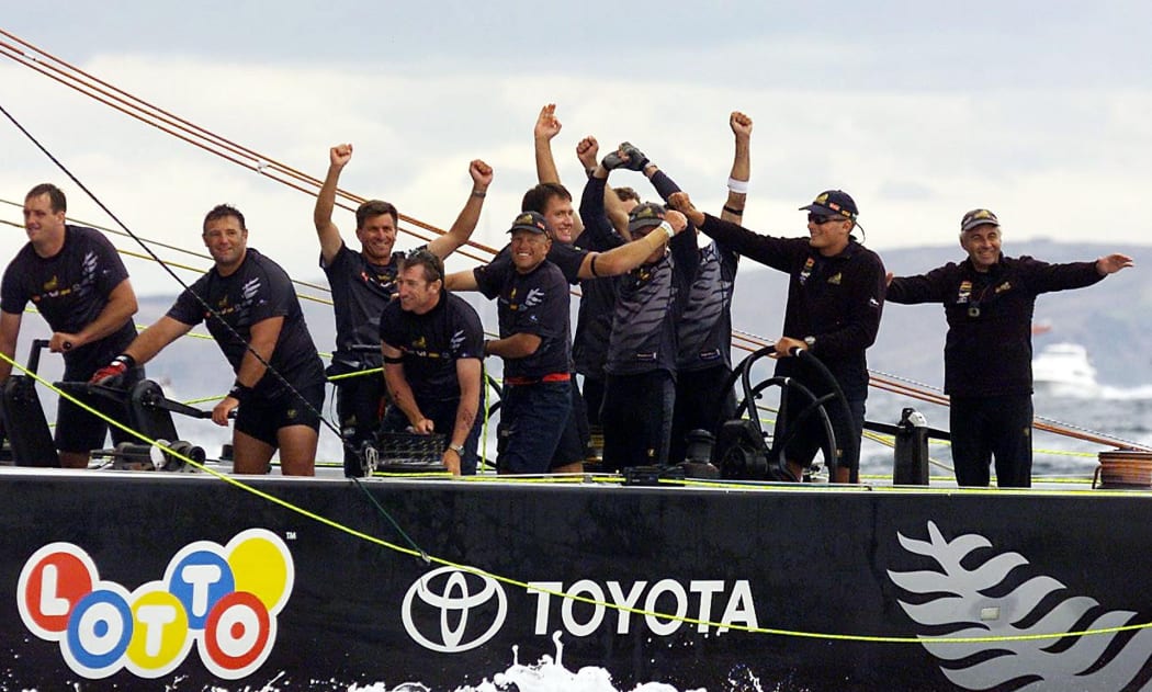 The crew on Team New Zealand celebrates as they cross the finish line to win race five of America's Cup on Auckland's Hauraki Gulf against Italy's Prada Challenge, 02 March, 2000.