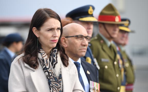 Prime Minister Jacinda Ardern and Defence Minister Ron Mark at the ramp ceremony at Auckland International Airport.
