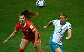 New Zealand's Ria Percival in action against Switzerland, 2023 FIFA World Cup.