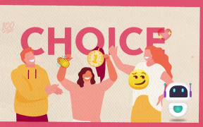 An illustration of three young New Zealanders smiling and gesturing at the word "choice" written above them.