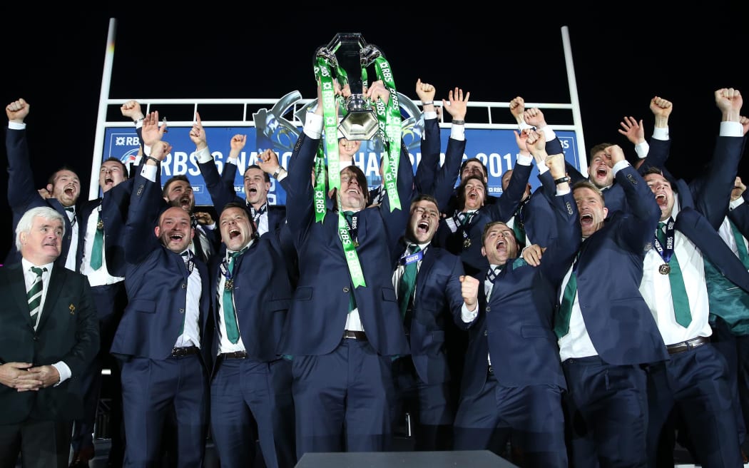 The Ireland team celebrate back-to-back Six Nations Championships