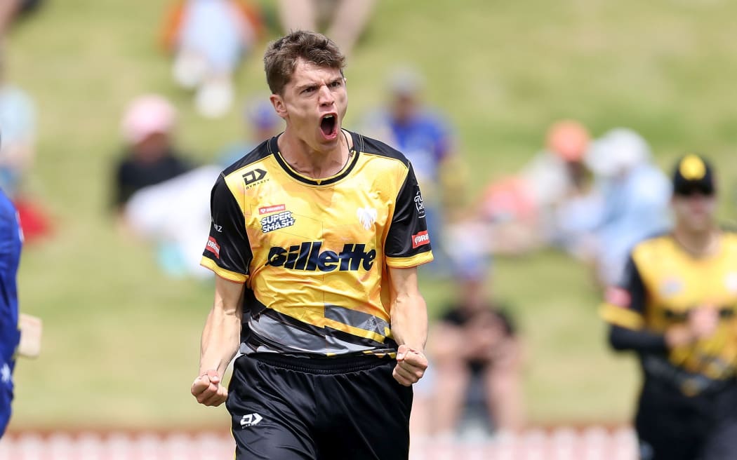 Firebirds' Ben Sears celebrates a wicket.