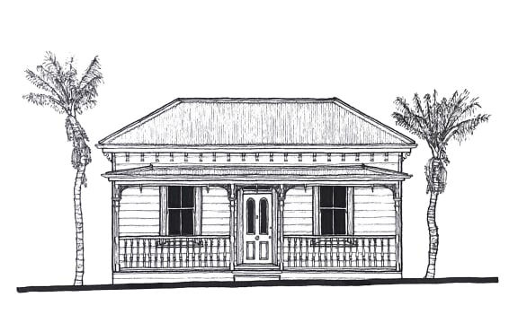 A pigment ink drawing of a villa with nikau palms on either side.