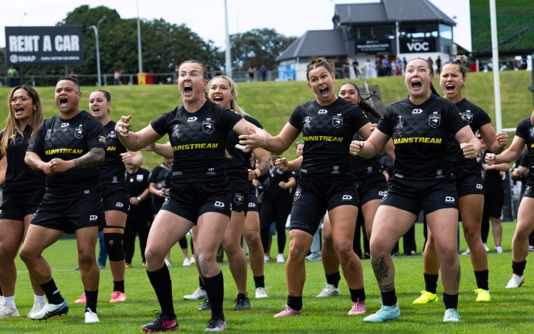Kiwi Ferns haka during the Paciﬁc Championships rugby league test between New Zealand Kiwis v Toa Samoa at Go Media Stadium, Auckland, New Zealand.  Saturday    19  October  2025       Photo: Brett Phibbs / www.photosport.nz