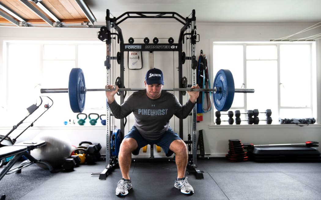 New Zealand Professional golfer Ryan Fox trains at his Auckland home, during the Covid-19 Level 4 Lockdown.