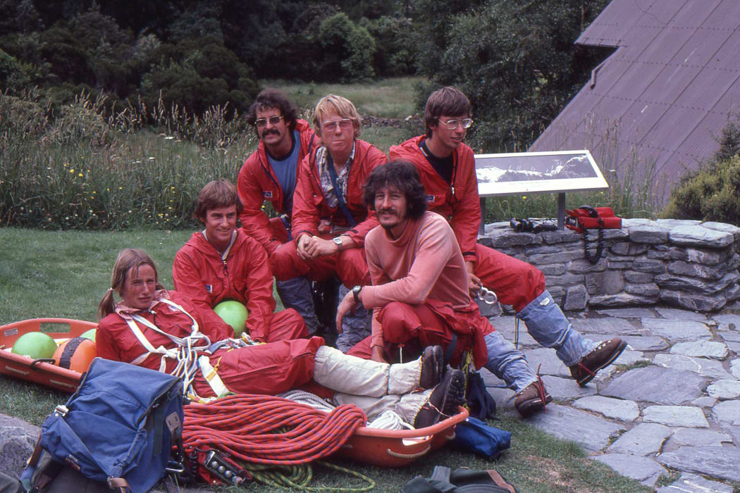 A photo of the Mt Cook Alpine Rescue Team members the summer before, including Mark Inglis (second from left) and Don Bogie (third from left)