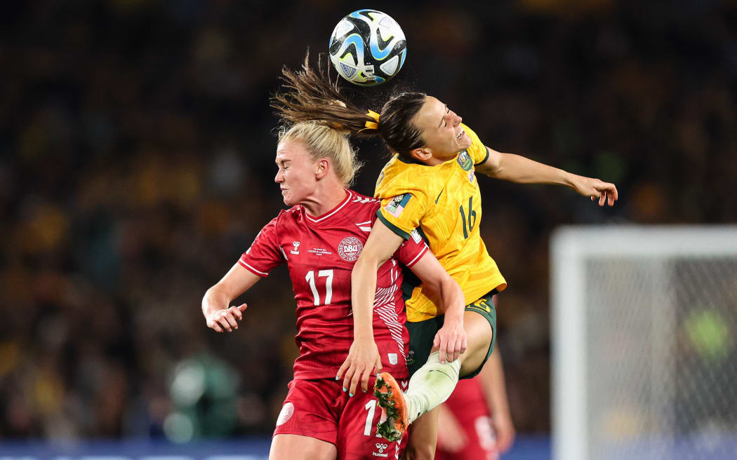 Hayley Raso of Australia and Rikke Marie Madsen of Denmark in action during the FIFA Women's World Cup Australia &amp; New Zealand 2023 match between Australia and Denmark at Australia Stadium on August 07, 2023 in Sydney, Australia. (Photo by Norvik Alaverdian/NurPhoto) (Photo by Norvik Alaverdian / NurPhoto / NurPhoto via AFP)