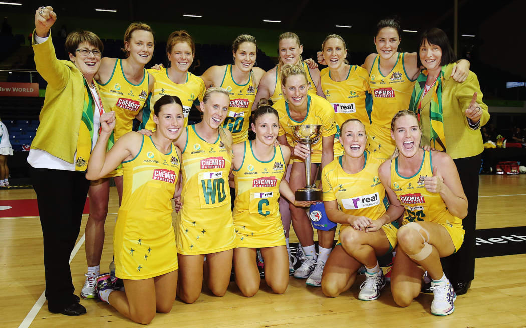 Australian netballers celebrate 2014 Constellation Cup sweep.