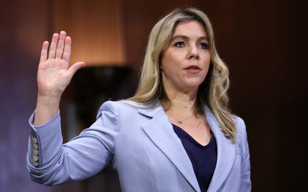 WASHINGTON, DC - APRIL 09: Sarah Wynn-Williams, former Director of Global Public Policy at Facebook, is sworn in before testifying during a Senate Judiciary Committee hearing in the Dirksen Senate Office Building on Capitol Hill on April 09, 2025 in Washington, DC. In a memoir published last month, Wynn-Williams detailed allegations of misconduct and sexual harassment at Facebook and claimed the company undermined U.S. national security in dealings with the Chinese government.   Win McNamee/Getty Images/AFP (Photo by WIN MCNAMEE / GETTY IMAGES NORTH AMERICA / Getty Images via AFP)