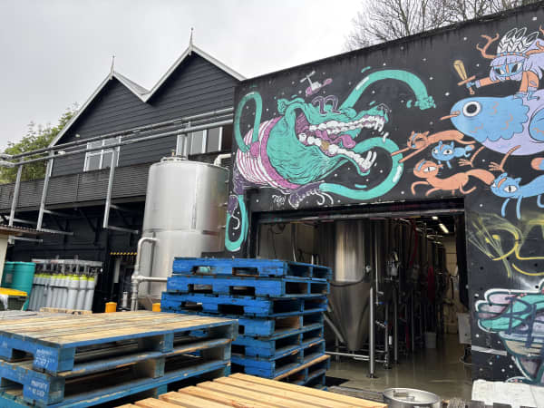 A black warehouse building with a colourful surreal mural of strange creatures on its facade. In front of the entrance, there are wooden pallets stacked high and a large metal drum.