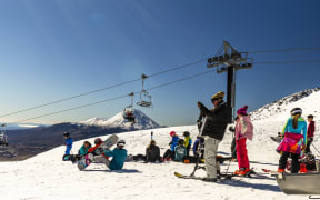 Skiiers on the Rockgarden at Whakapapa Ski Field, Mt Ruapehu in 2018.