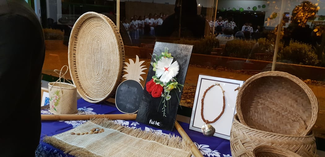 A Rotuman lei (tefui) sits among other crafts from the island.