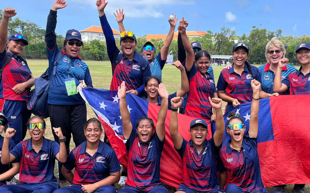 The winning Samoa Under-19 women's cricket team celebrate their qualification for the 2025 ICC Women's Under-19 World Cup. Photo: ICC