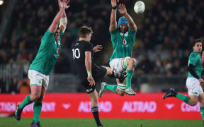 All Blacks Beauden Barrett and Ireland's Tadhg Furlong (L) and Tadhg Beirne (R) - New Zealand All Blacks v Ireland at Eden Park.