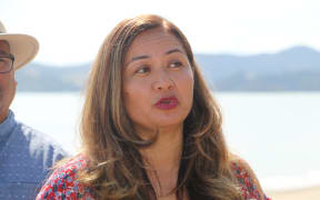 Green Party co-leader Marama Davidson spoke about her party's six priorities for te ao Māori and Te Tiriti o Waitangi at Waitangi beach.
