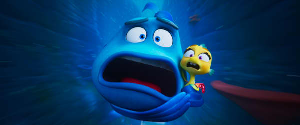 A still from the animation film Pout-Pout Fish showing the characters Mr Fish and Pip holding each other and shouting in fear.