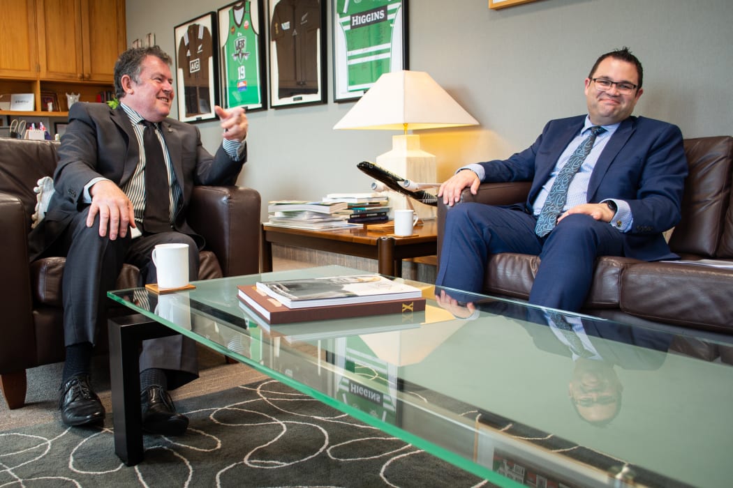 Palmerston North Mayor Grant Smith meets the local MP Tangi Utikere, who was his former Deputy.