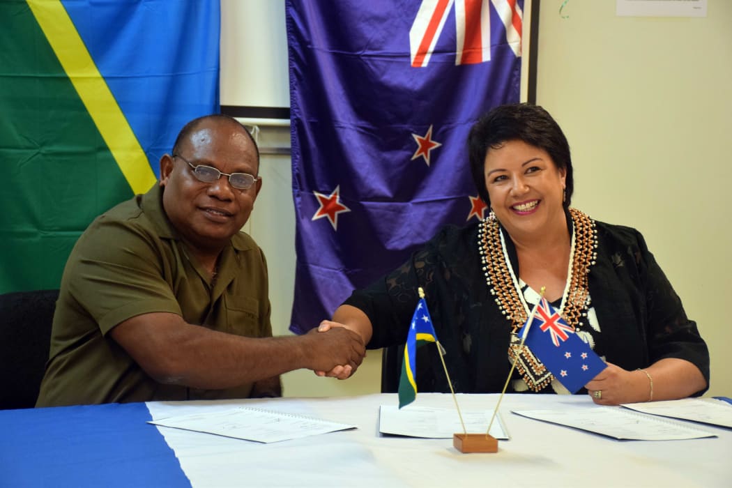 Solomons Police Minister Stanley Sofu with NZ counterpart Paula Bennett