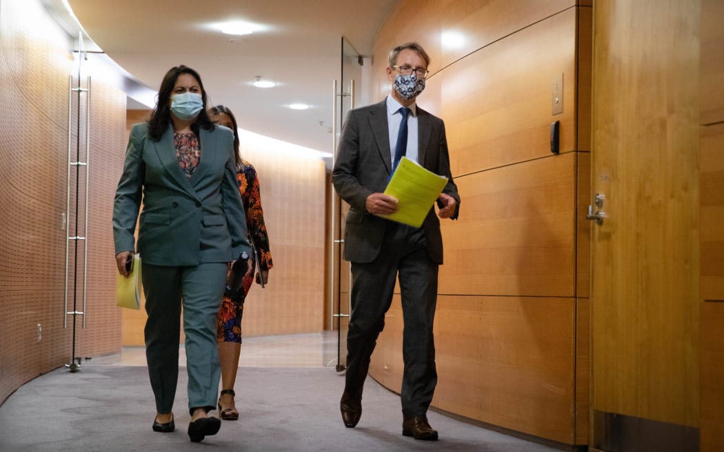 Ashley Bloomfield and Ayesha Verrall arrive at Parliament's Theatrette