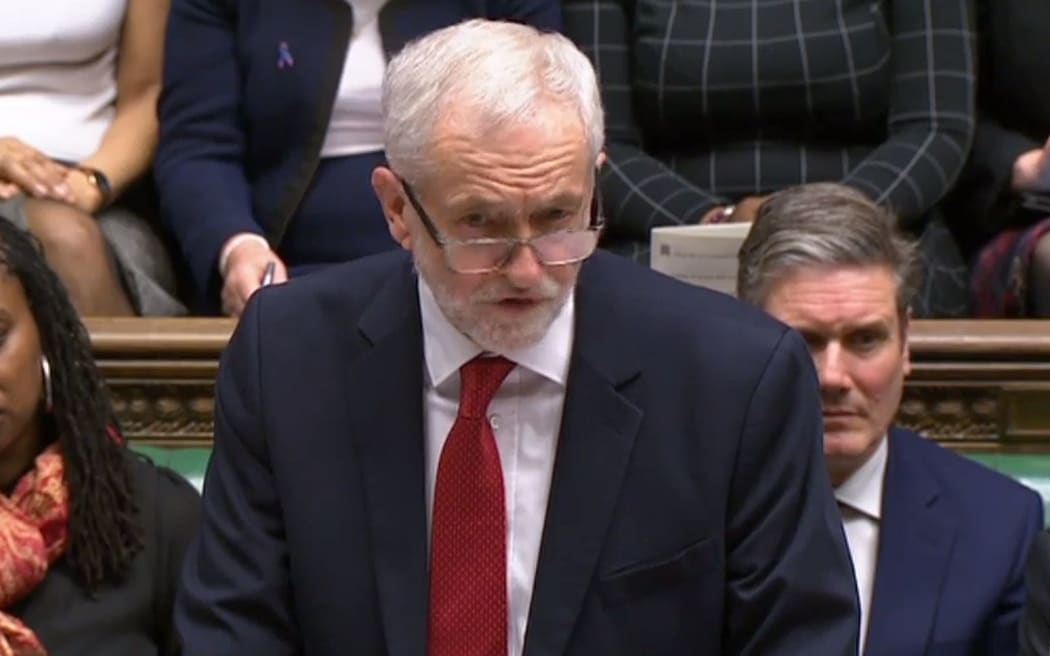 Britain's oppposition Labour Party leader Jeremy Corbyn speaks to parliament on the Brexit deal. Video grab from footage broadcast by the UK Parliament's Parliamentary Recording Unit.